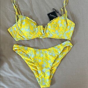 Zaful Yellow Floral Bikini with Ruffled Details